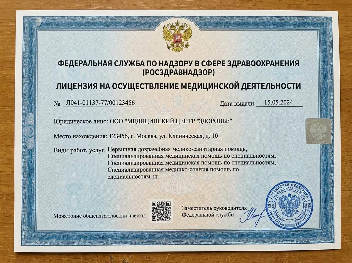 Лицензия Росздравнадзора на медицинскую деятельность — официальный бланк с печатью и подписью, синие тона, государственный герб