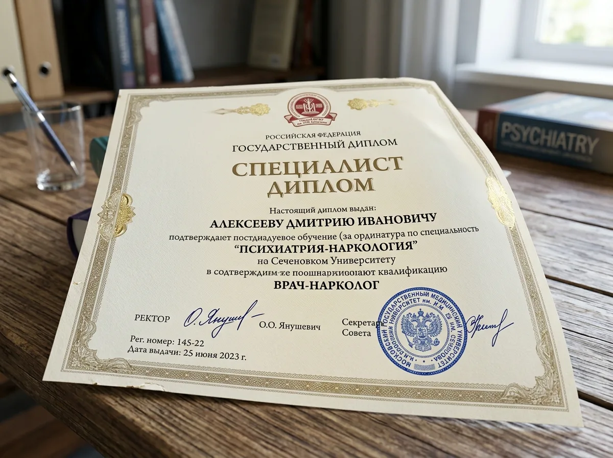 Сертификат специалиста врача-нарколога — диплом на плотной бумаге с подписью ректора и печатью медицинского университета
